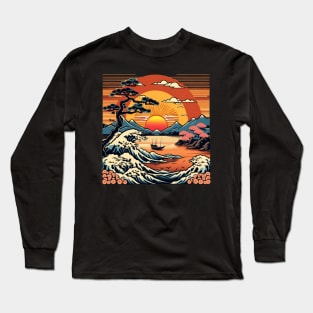 Japanese sunset boat peaceful orange design Long Sleeve T-Shirt